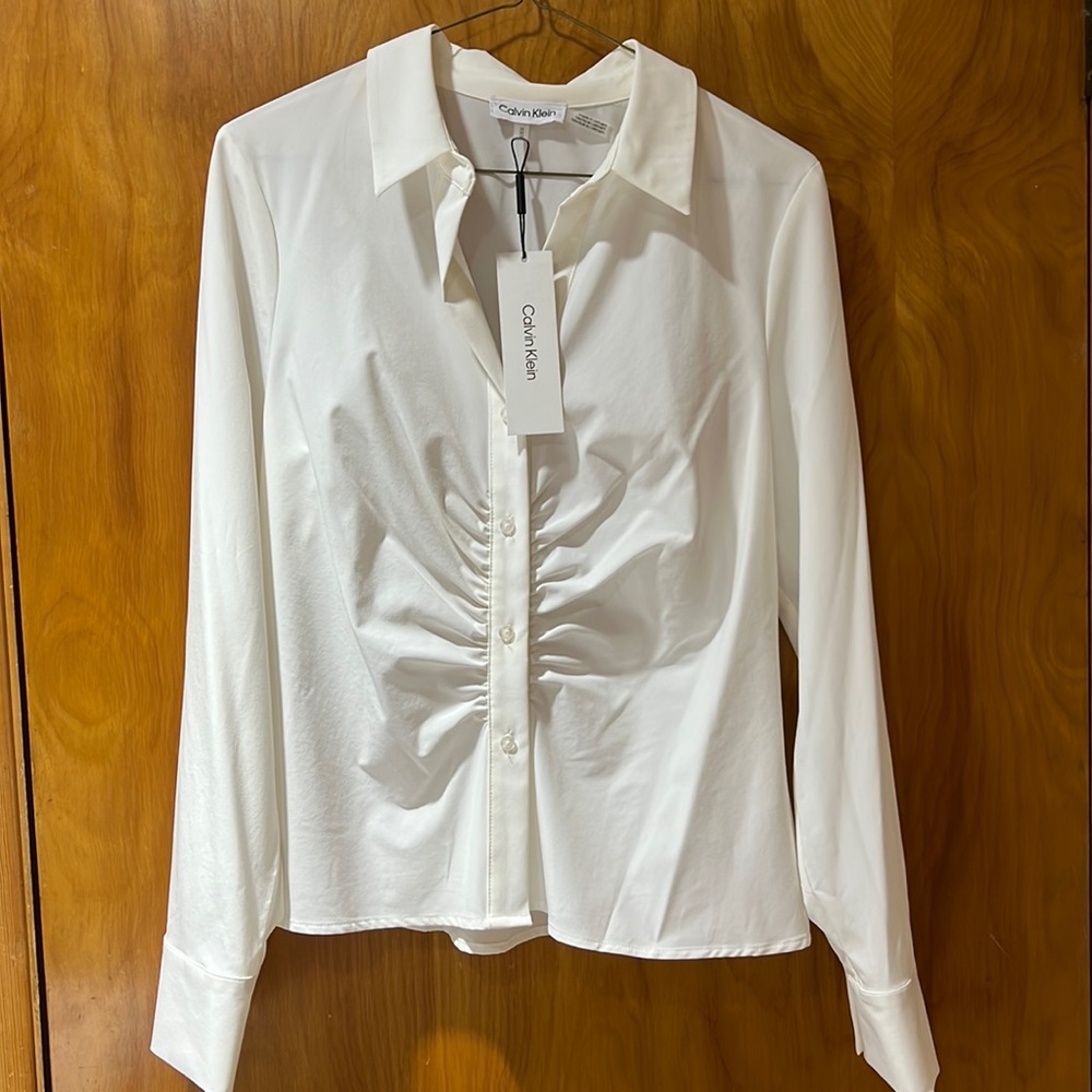 NWT Calvin Klein women M white button down dress blouse
